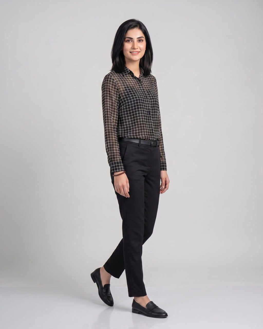Grid Pattern Button-Down Blouse