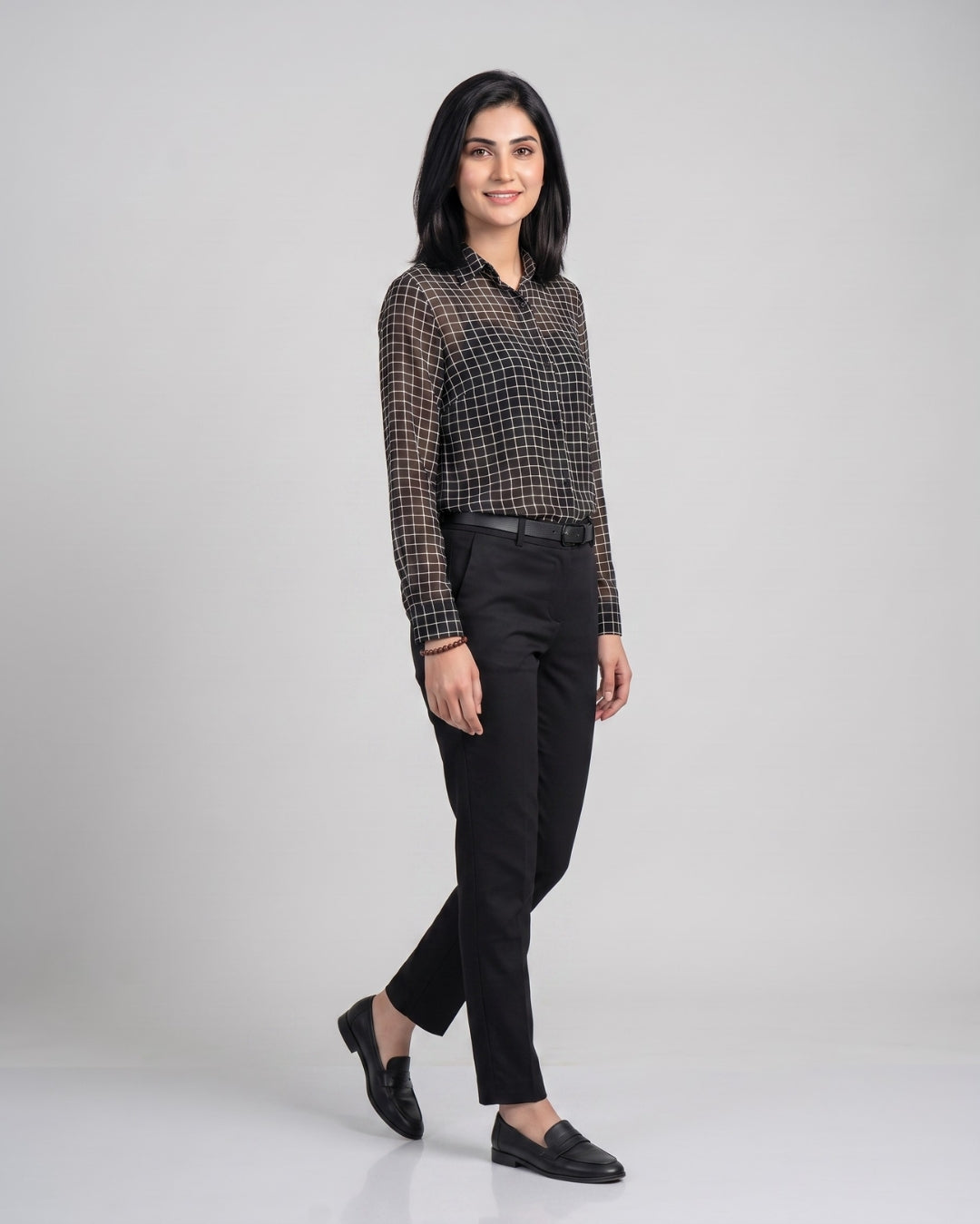 Grid Pattern Button-Down Blouse