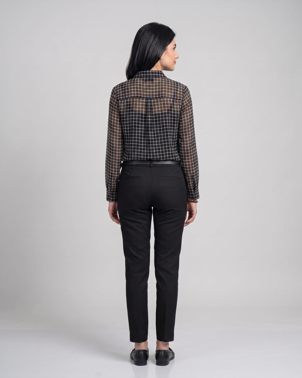 Grid Pattern Button-Down Blouse