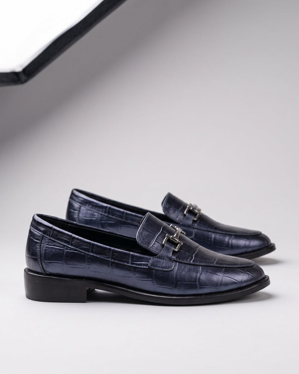 Metallic Navy Croc-Embossed Loafers