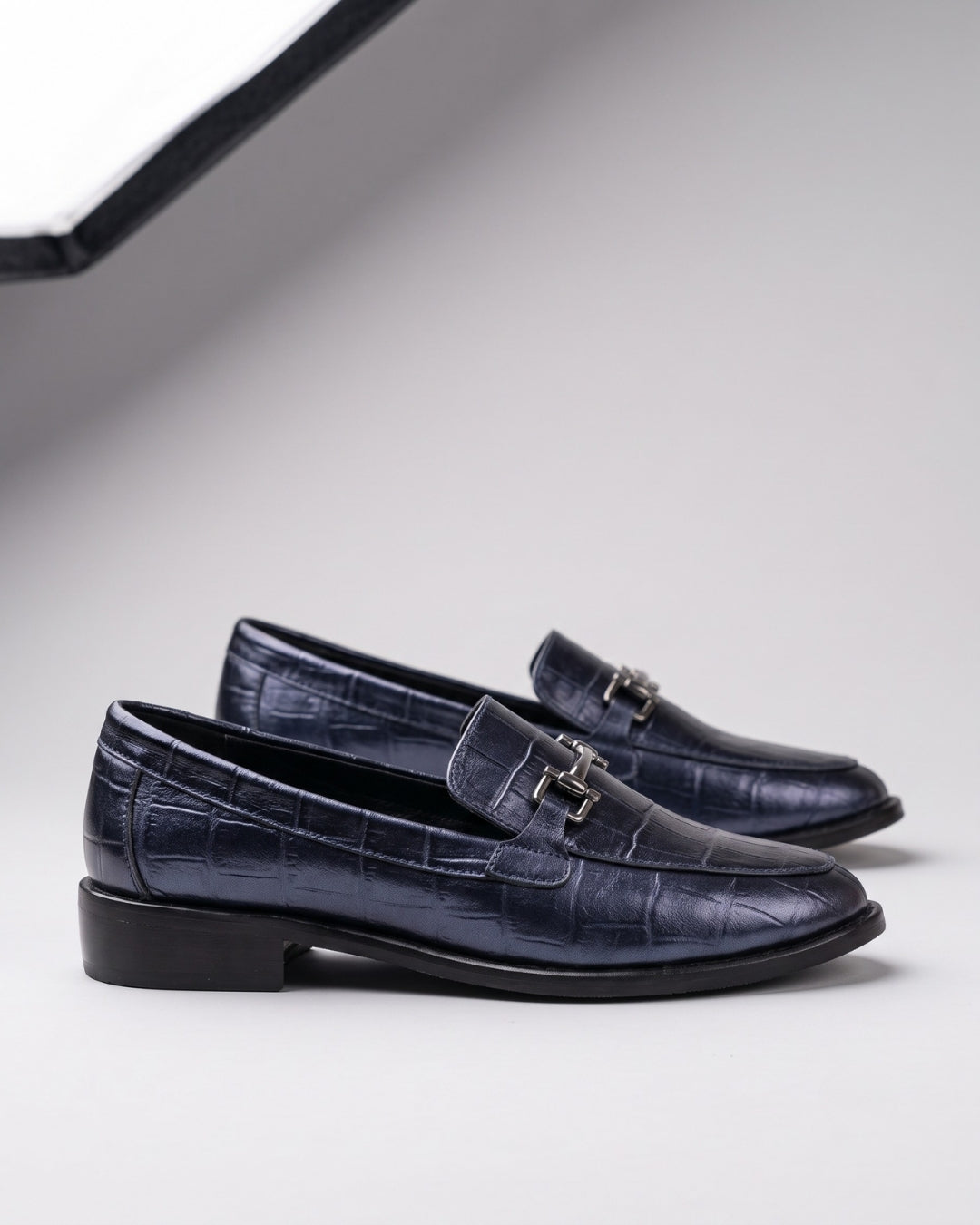 Metallic Navy Croc-Embossed Loafers