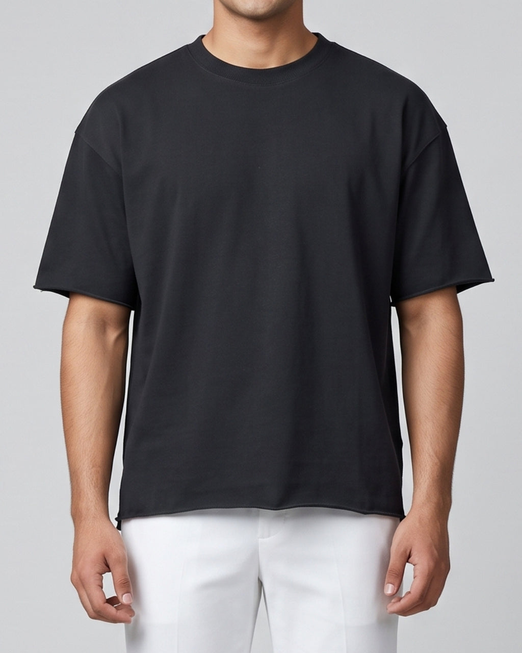 Relaxed Fit Raw-Edge Black Tee
