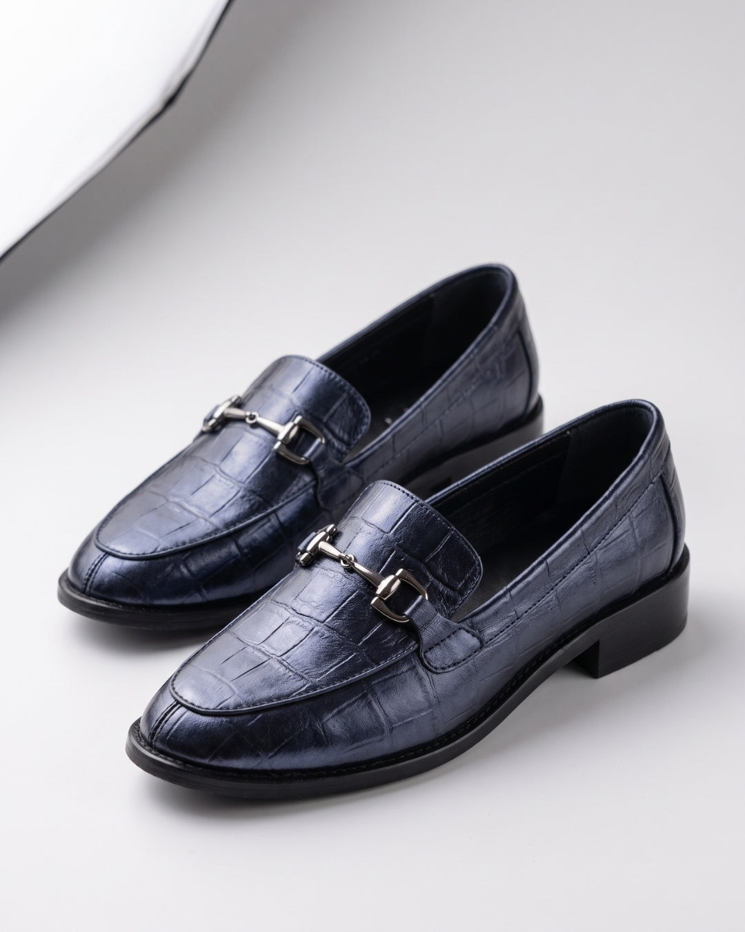 Metallic Navy Croc-Embossed Loafers