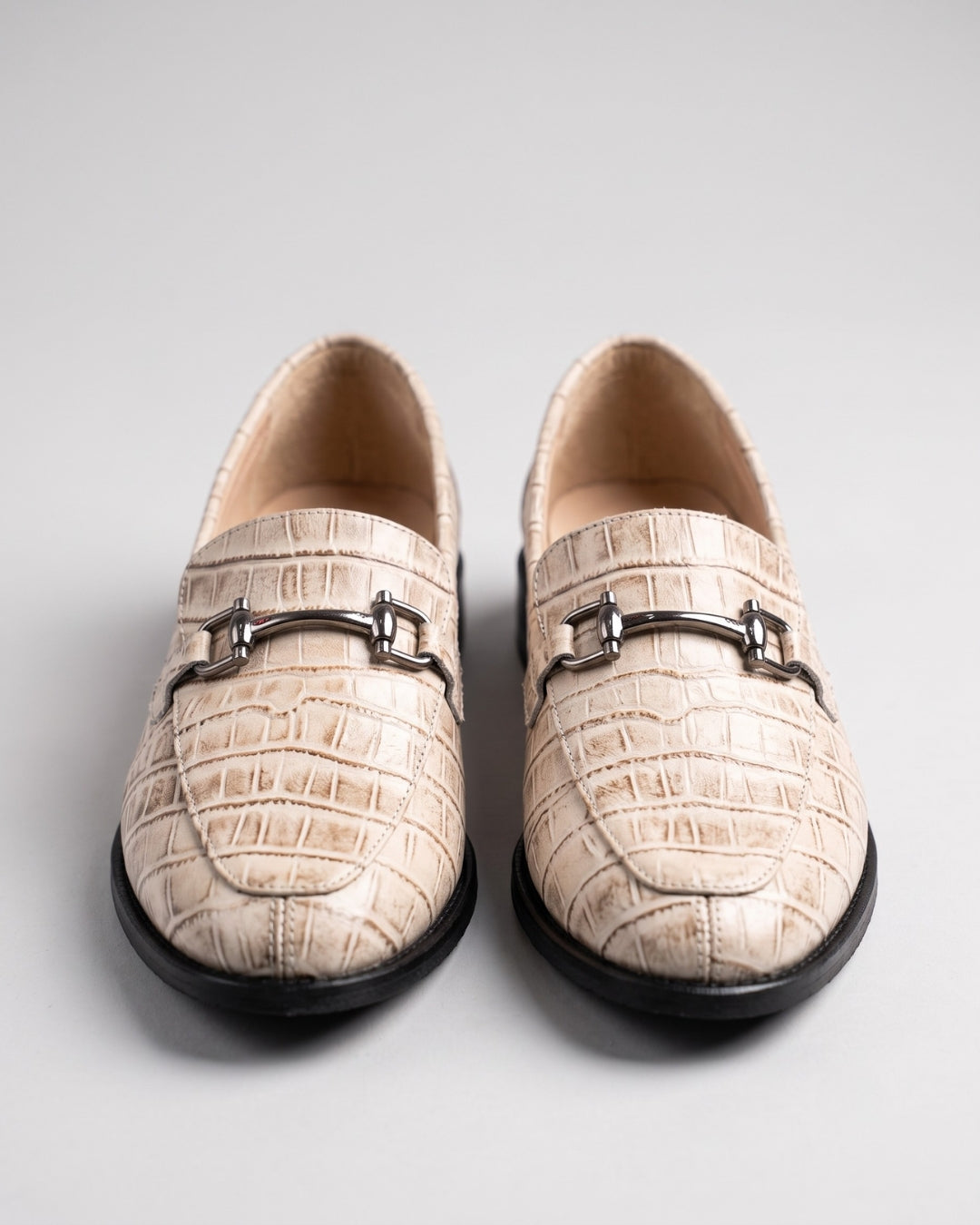 Cream Croc-Embossed Loafers