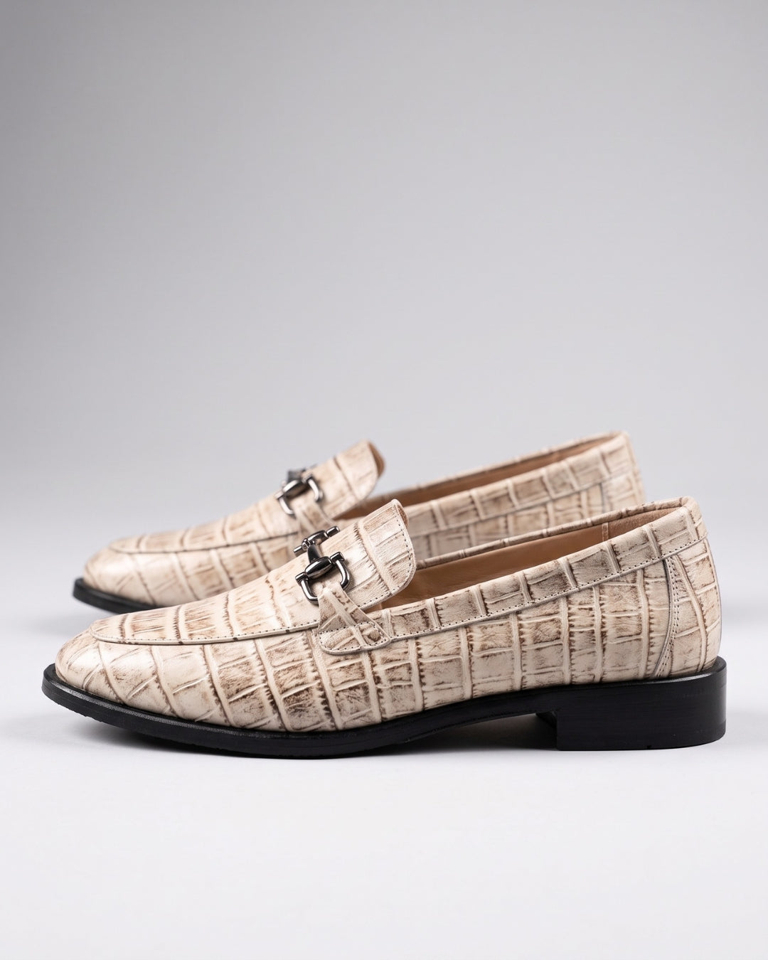 Cream Croc-Embossed Loafers