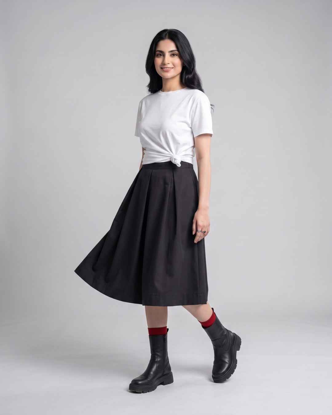 Classic Black Pleated Midi Skirt