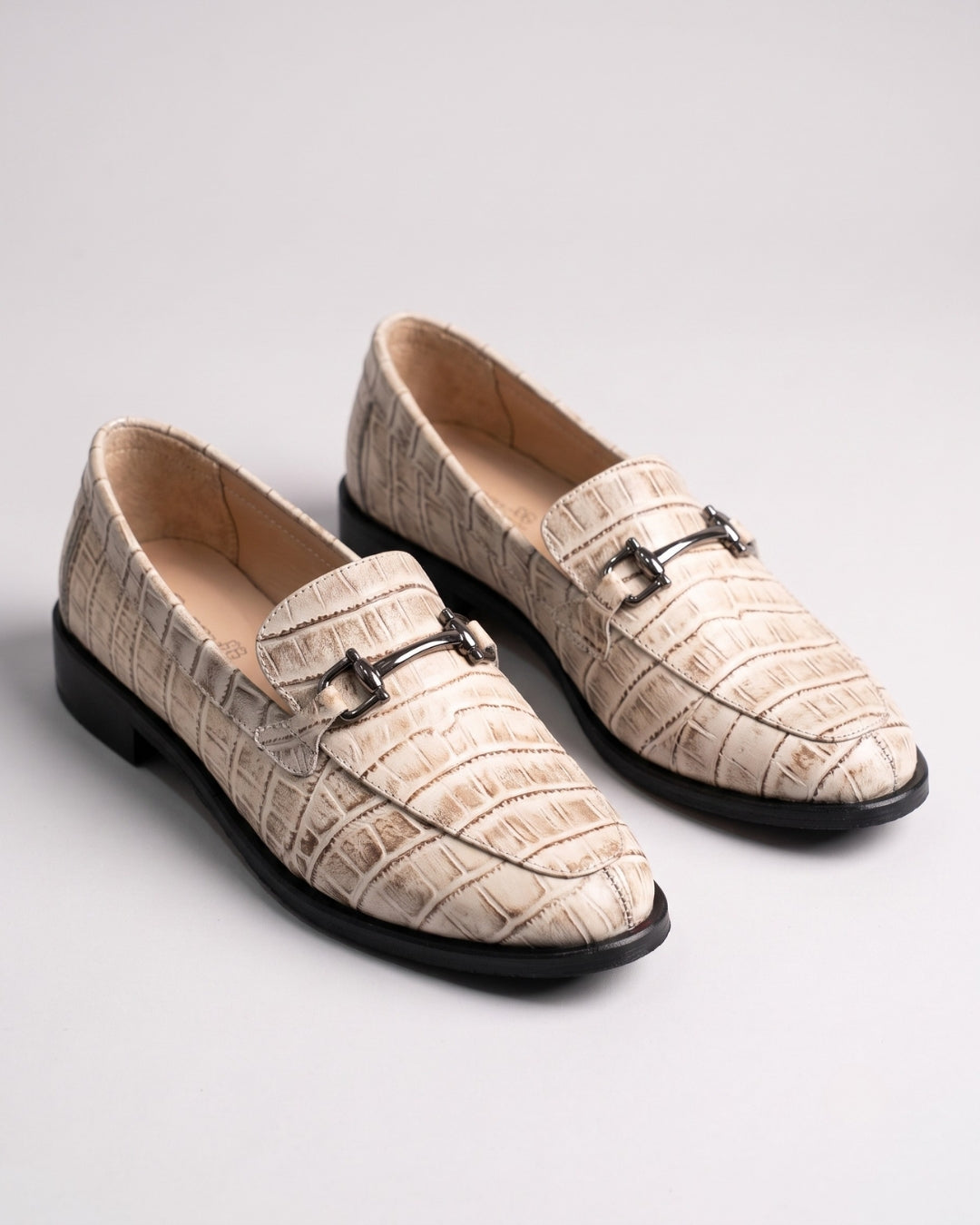 Cream Croc-Embossed Loafers