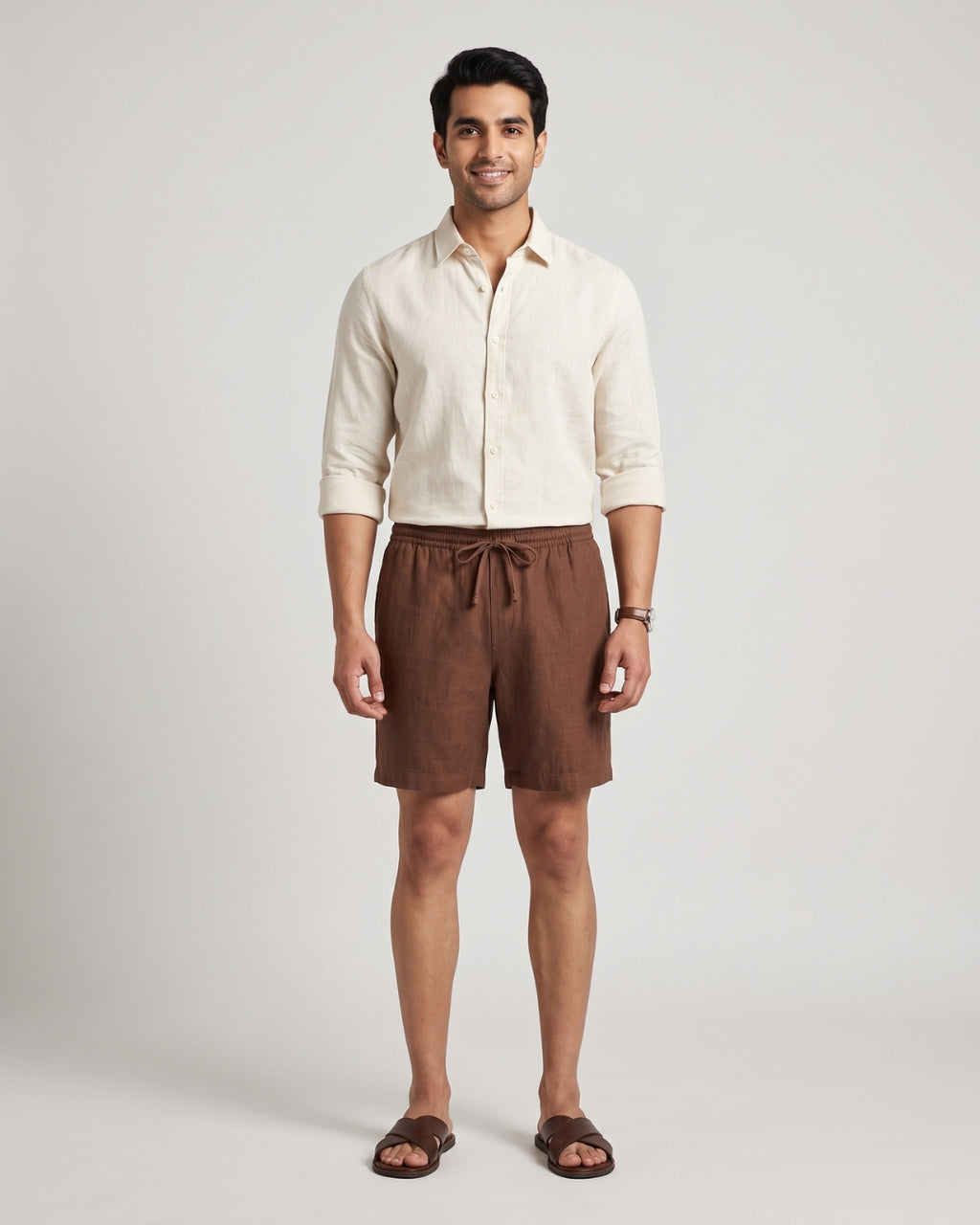 Relaxed Fit Brown Linen-Blend Shorts