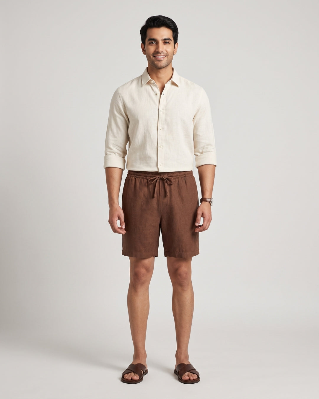 Relaxed Fit Brown Linen-Blend Shorts