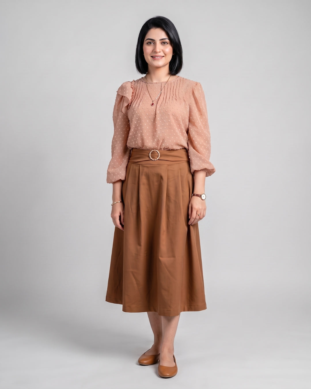 Camel Ring-Buckle Flared Skirt