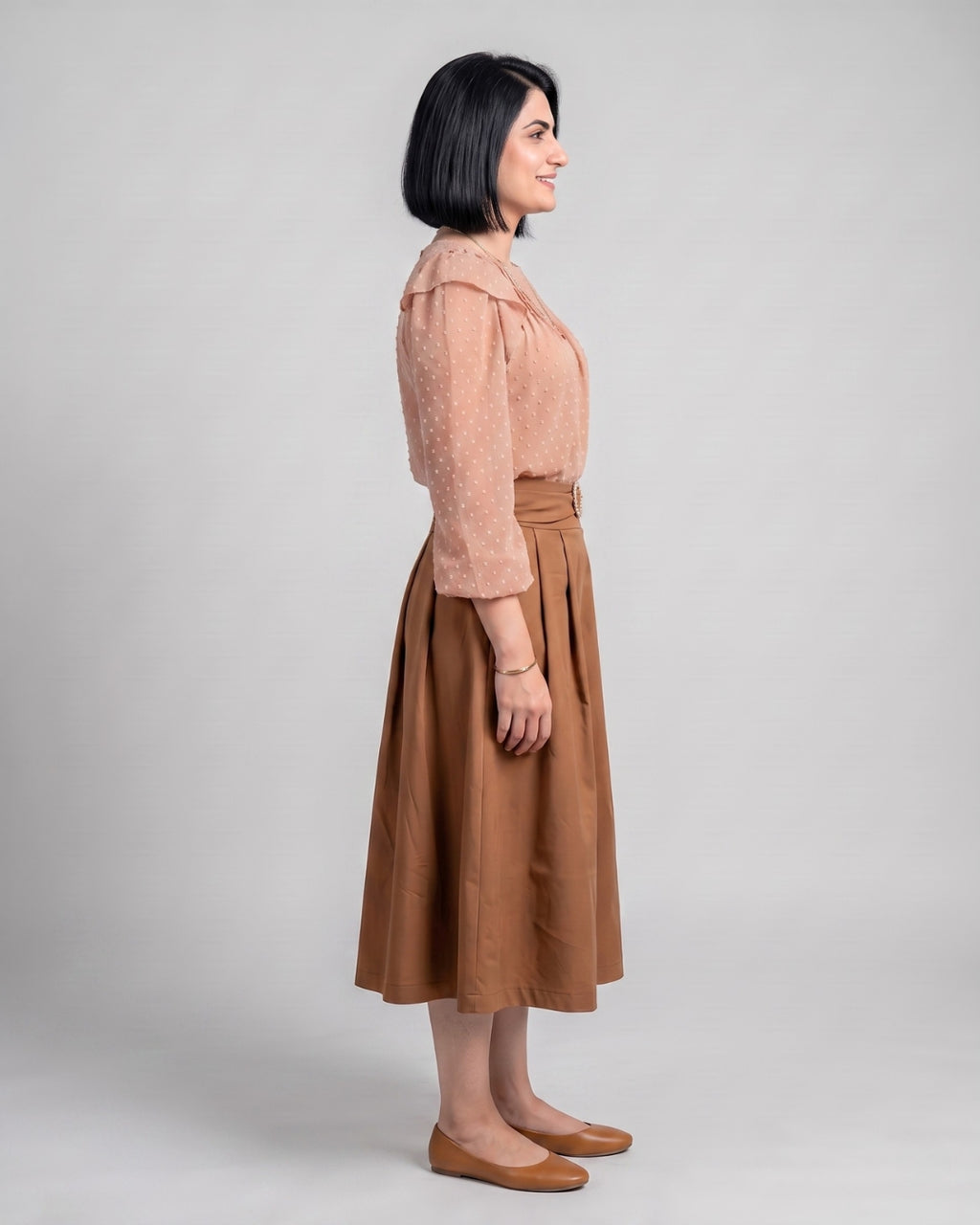 Camel Ring-Buckle Flared Skirt
