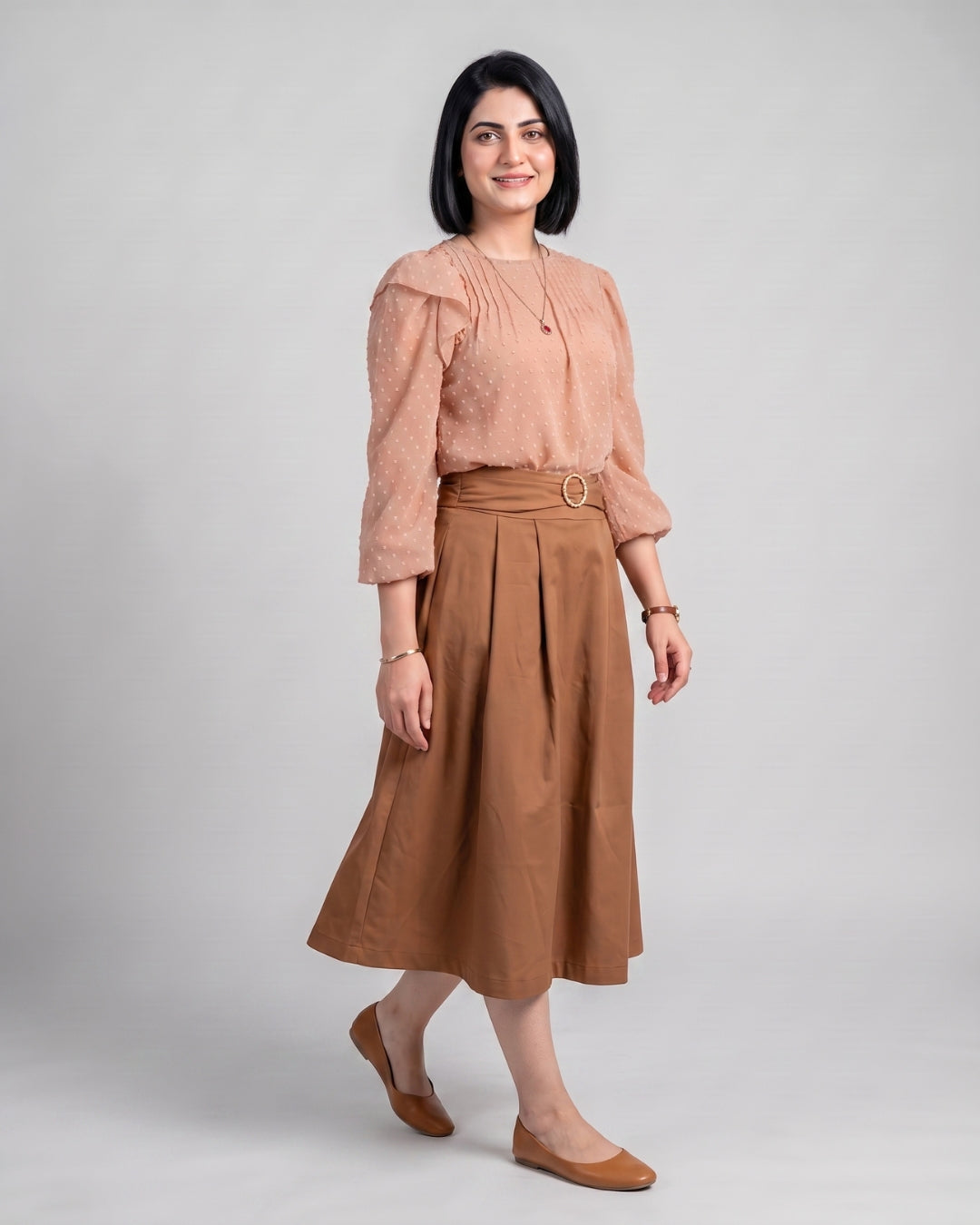 Camel Ring-Buckle Flared Skirt