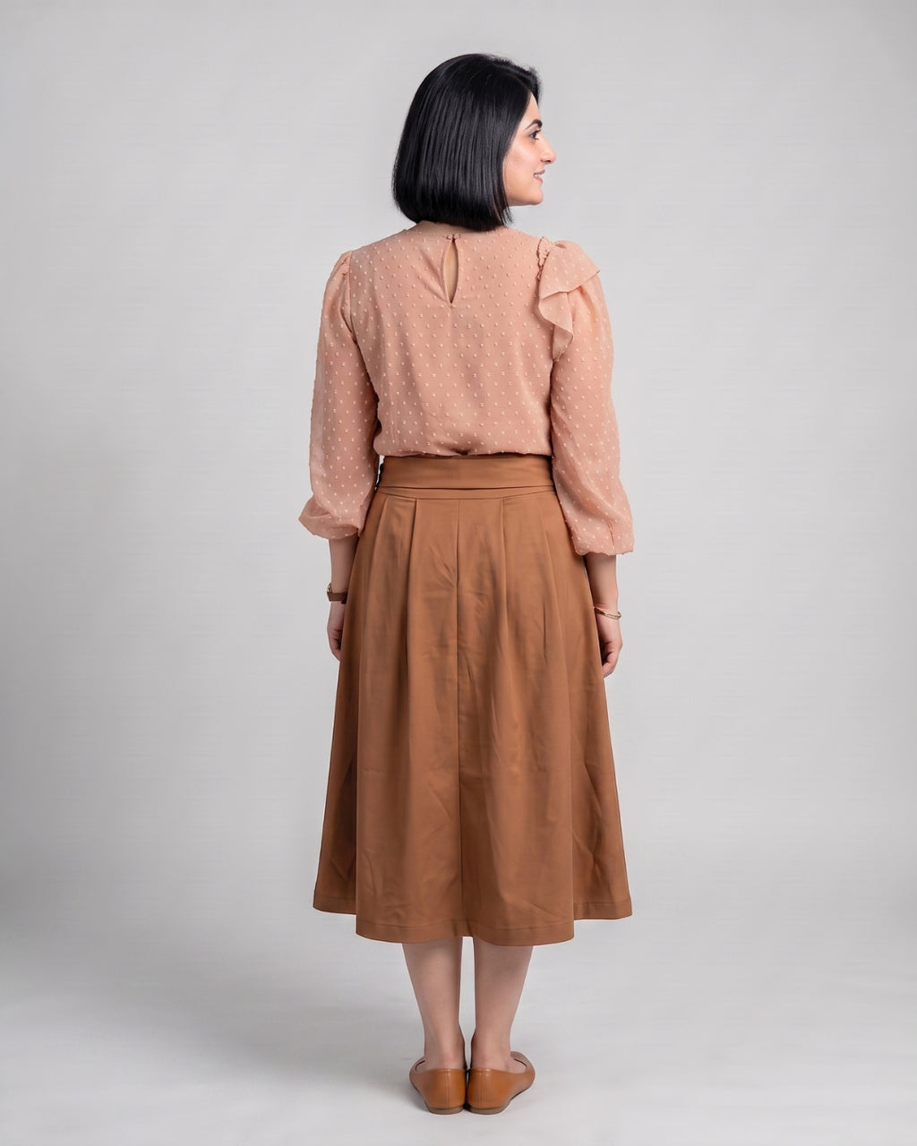 Camel Ring-Buckle Flared Skirt