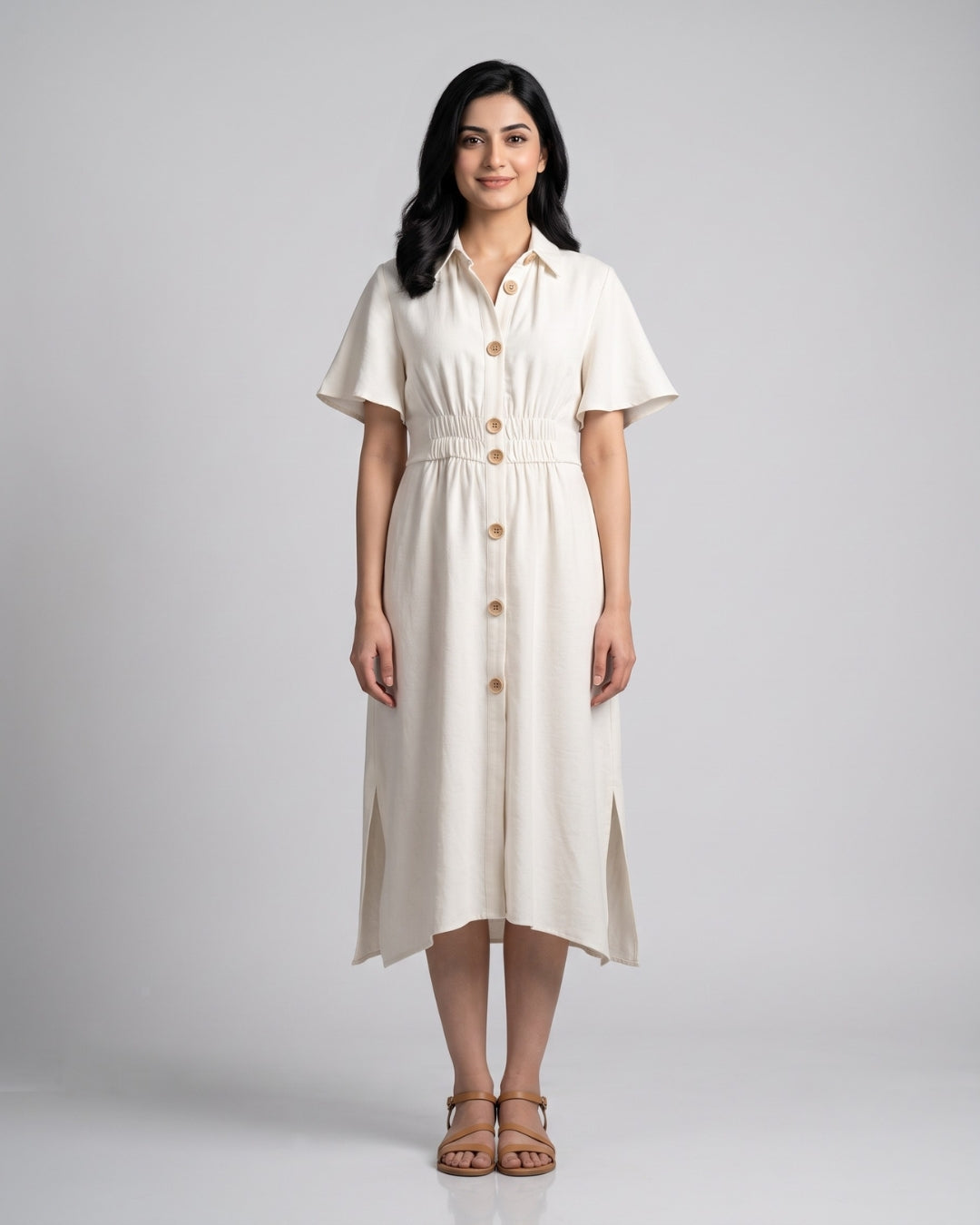 Button-Front Midi Shirt Dress