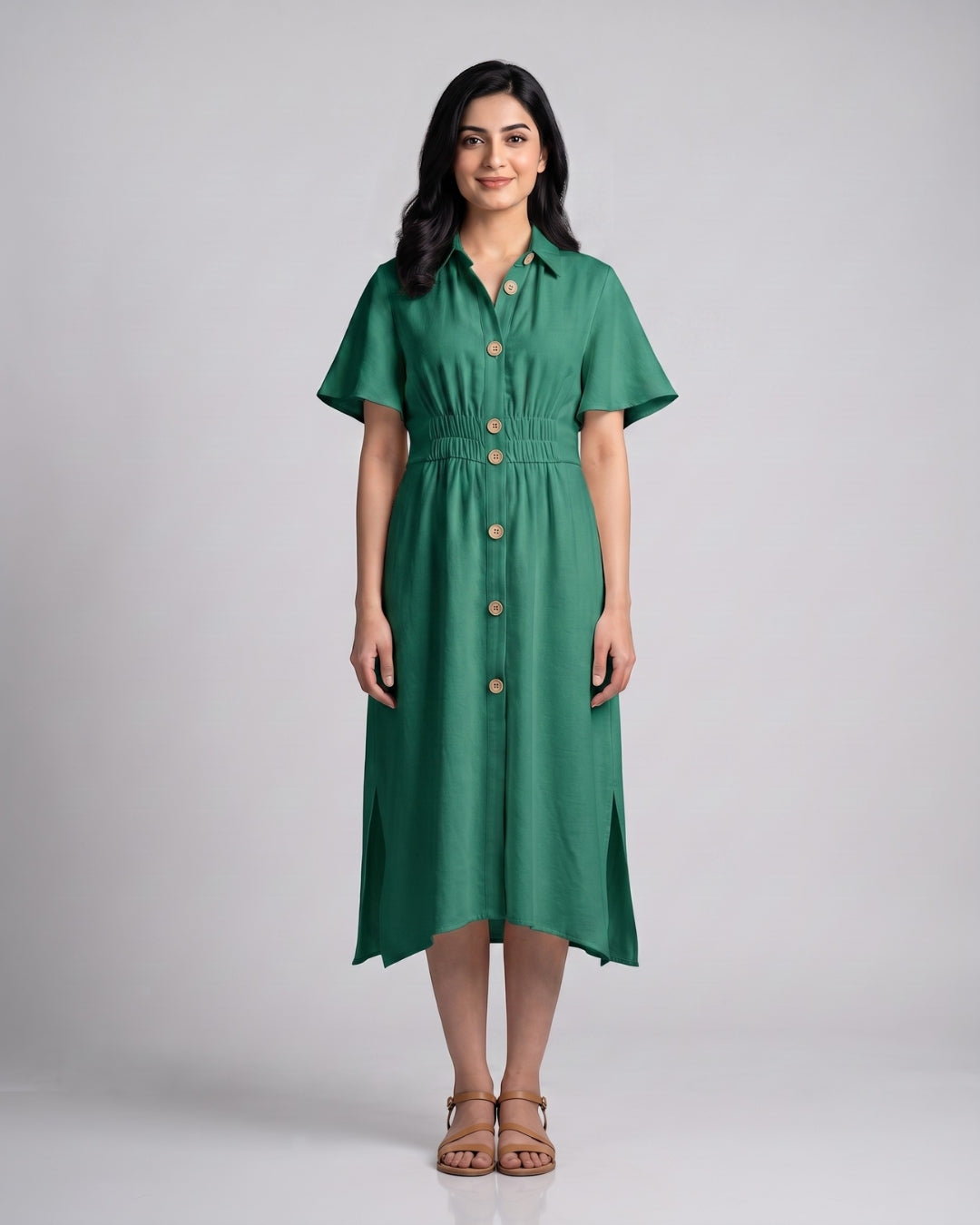Button-Front Midi Shirt Dress