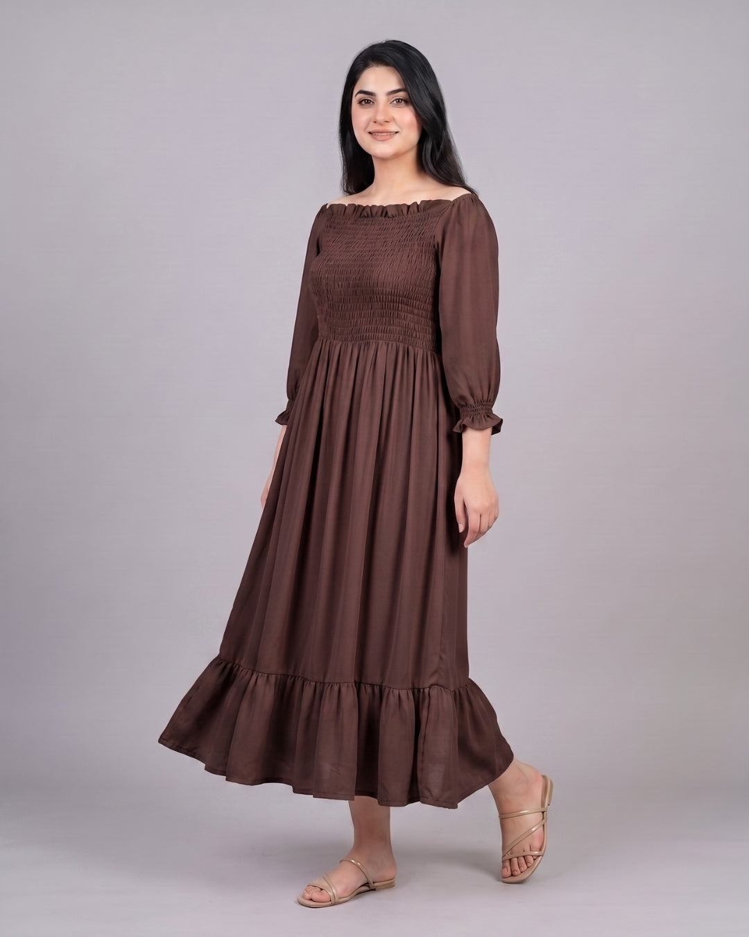 Off-Shoulder Ruffle-Hem Maxi