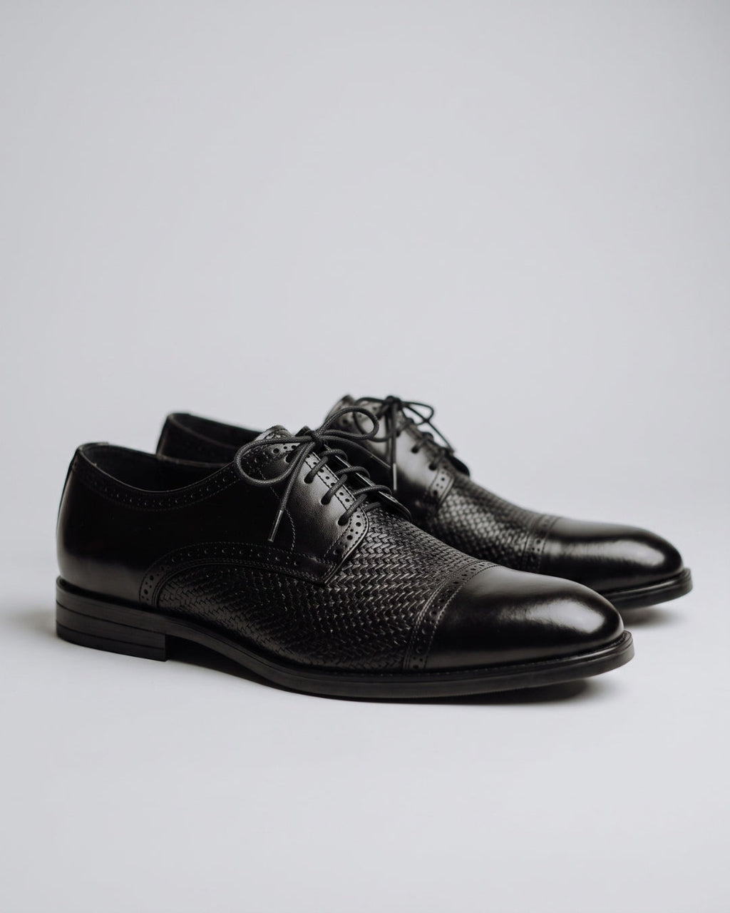 Black Textured Cap-Toe Oxford