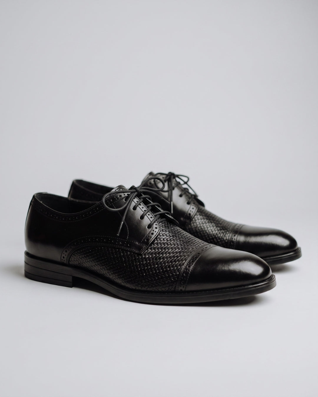 Black Textured Cap-Toe Oxford