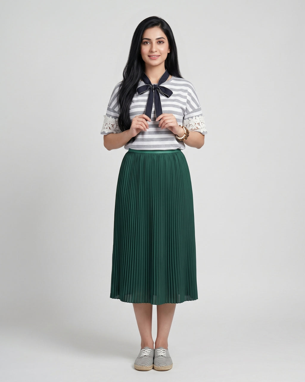 Forest Green Pleated Midi Skirt