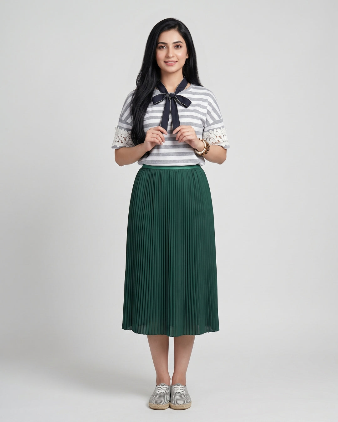 Forest Green Pleated Midi Skirt