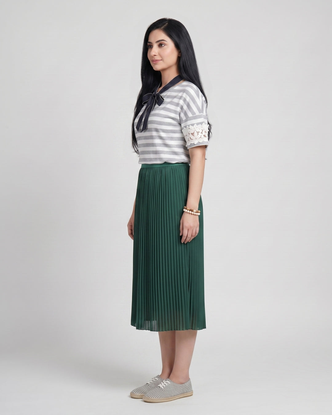 Forest Green Pleated Midi Skirt