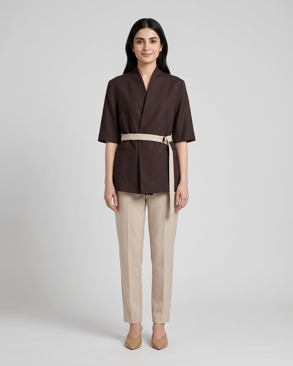 Structured Dark Brown Belted Blazer