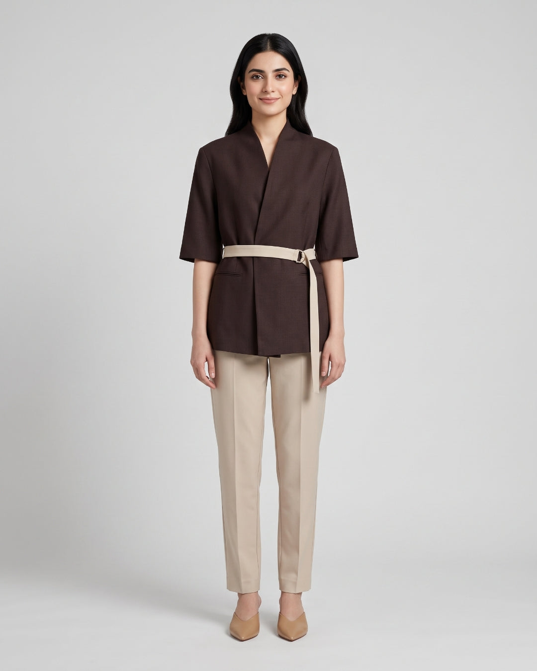Structured Dark Brown Belted Blazer