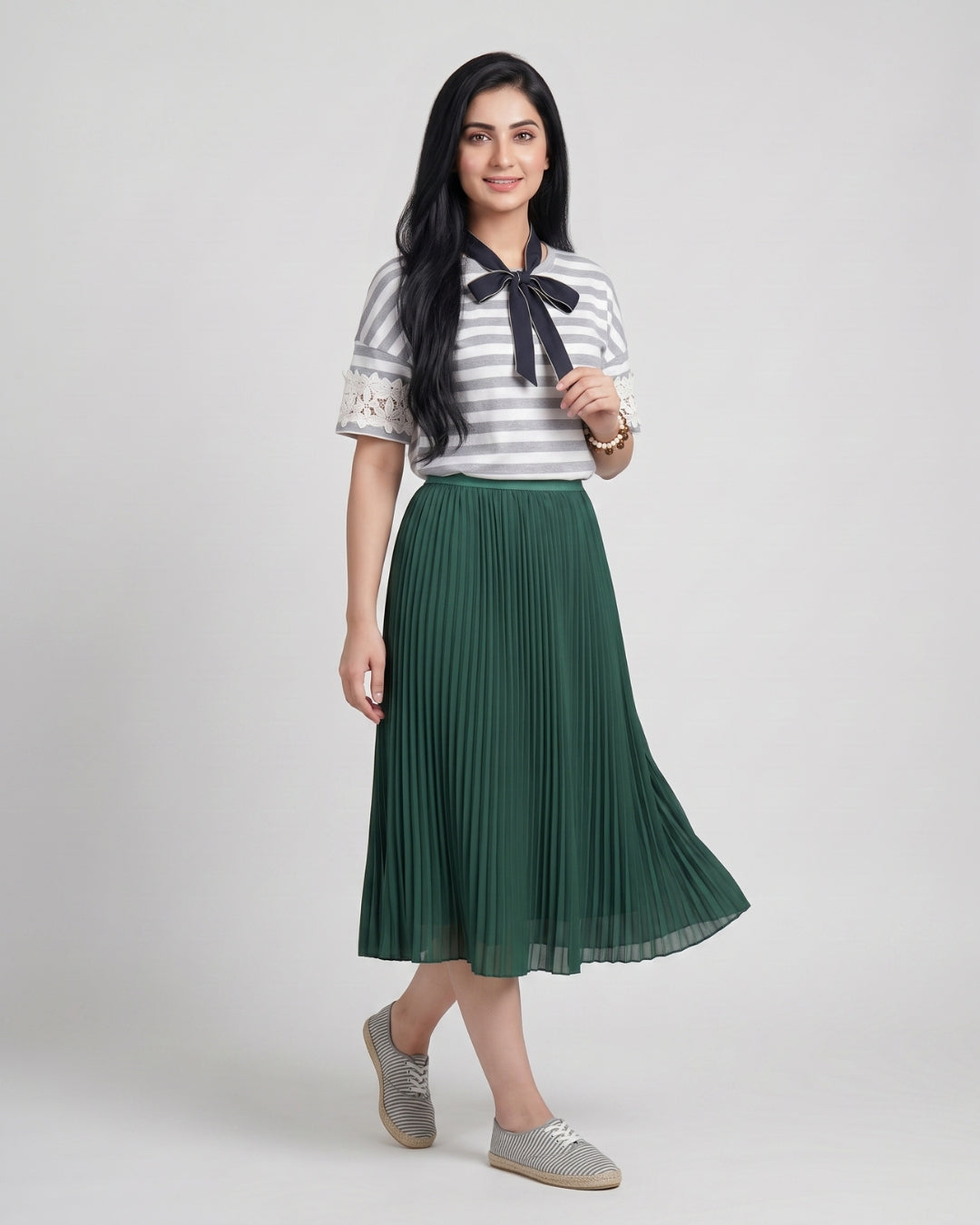 Forest Green Pleated Midi Skirt