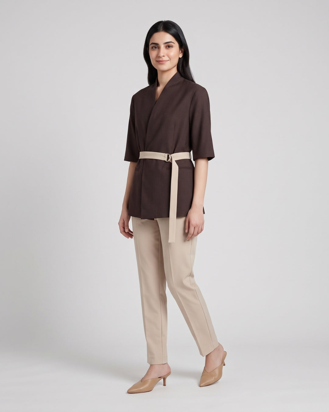 Structured Dark Brown Belted Blazer