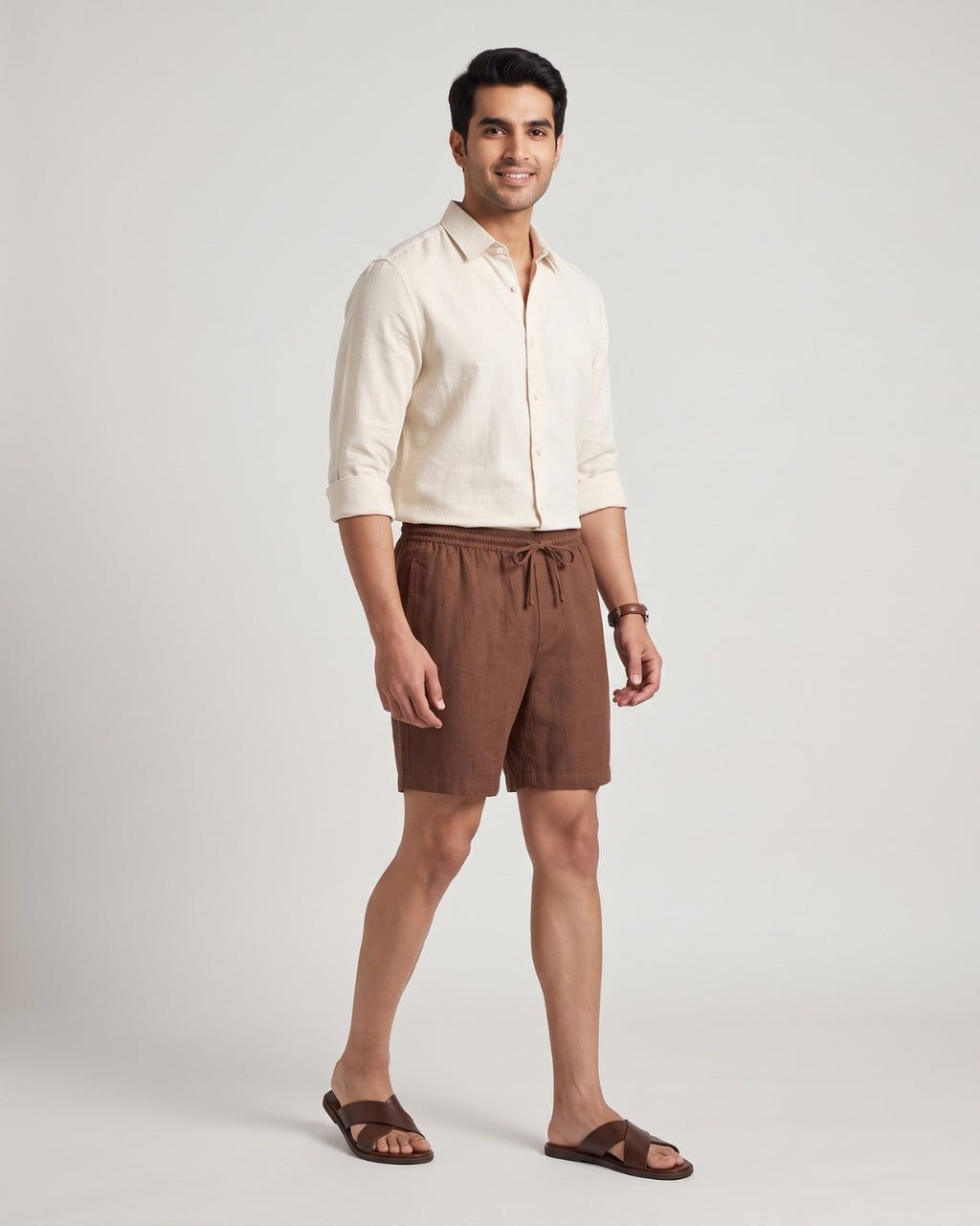 Relaxed Fit Brown Linen-Blend Shorts