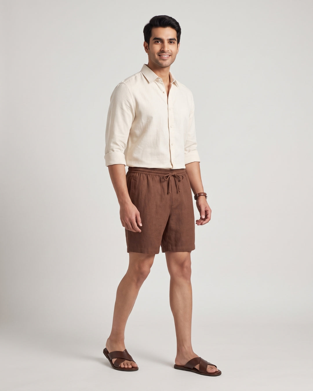 Relaxed Fit Brown Linen-Blend Shorts