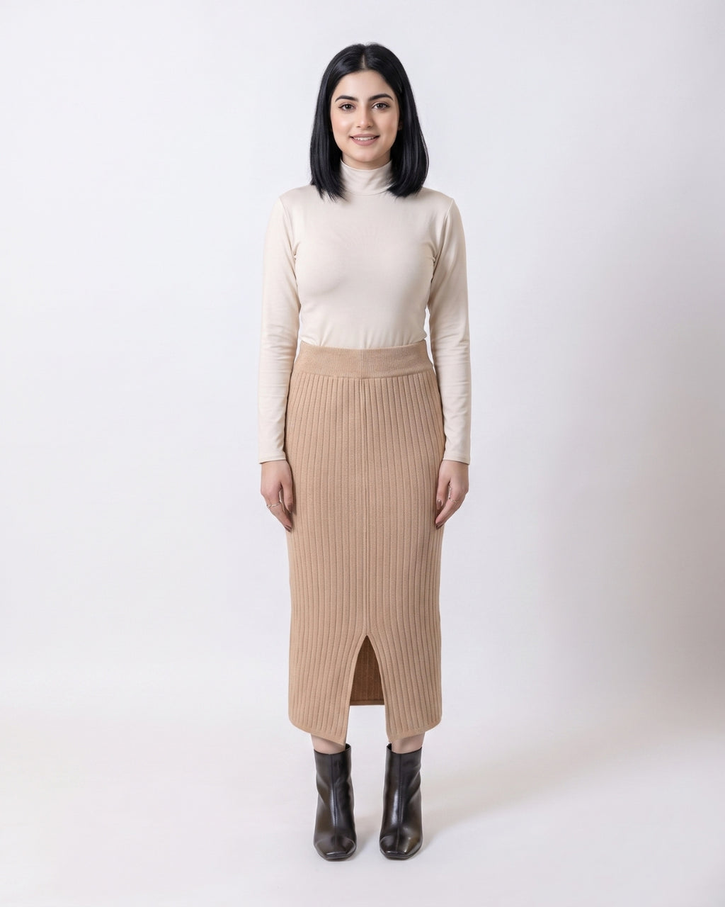 Beige Front-Slit Midi Pencil Skirt