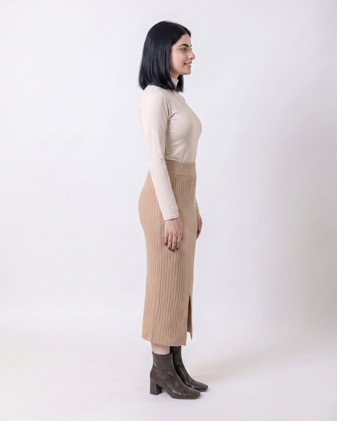 Beige Front-Slit Midi Pencil Skirt