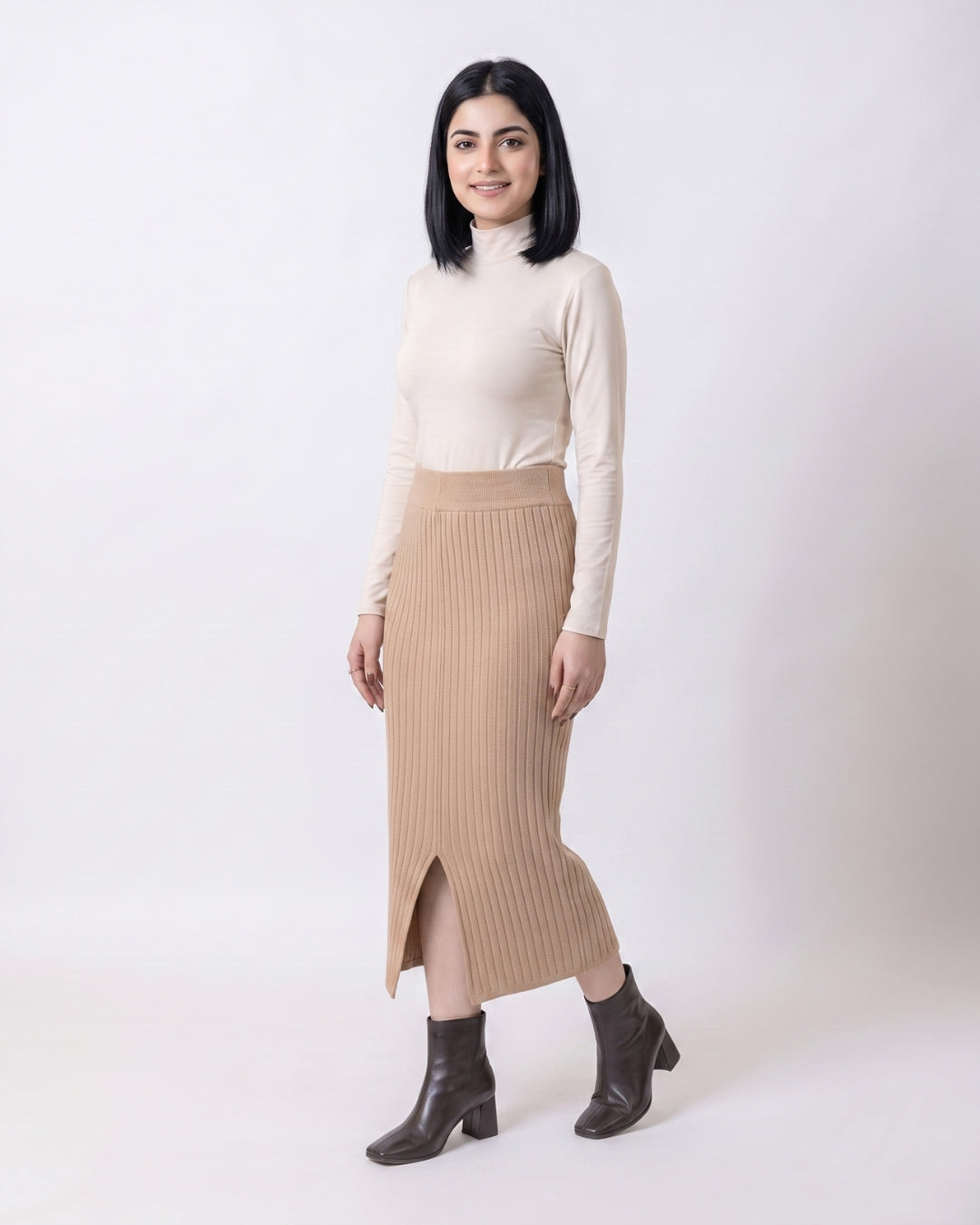Beige Front-Slit Midi Pencil Skirt