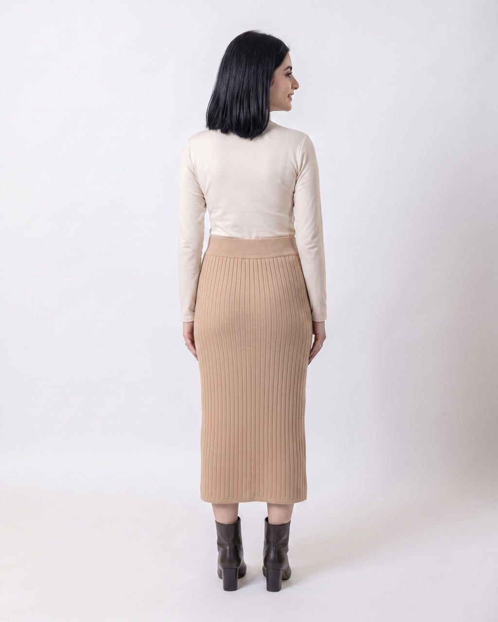 Beige Front-Slit Midi Pencil Skirt