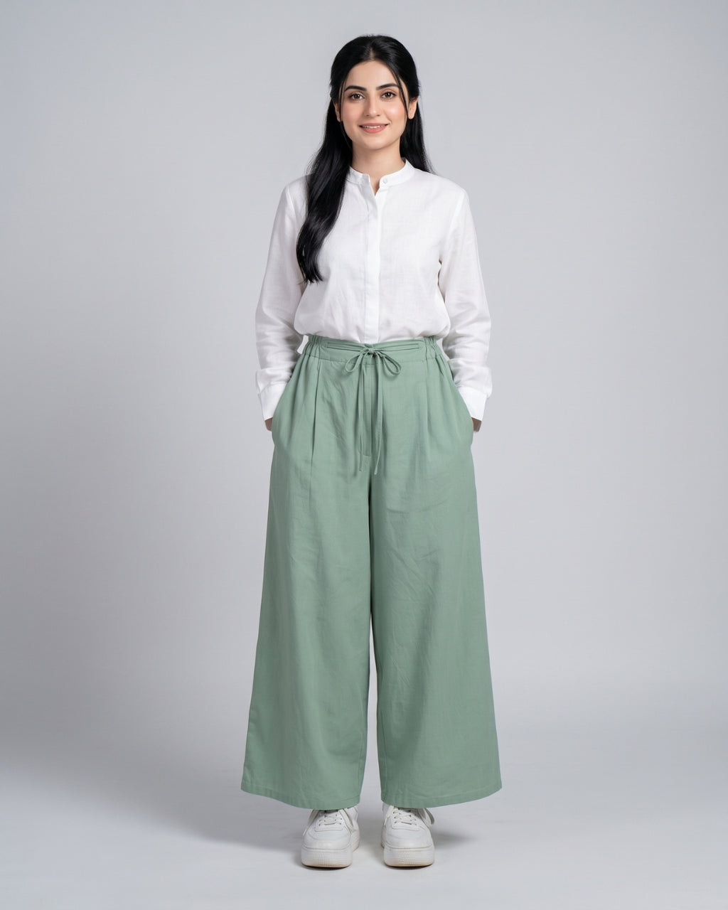 Sage Green Drawstring Wide-Leg Trousers