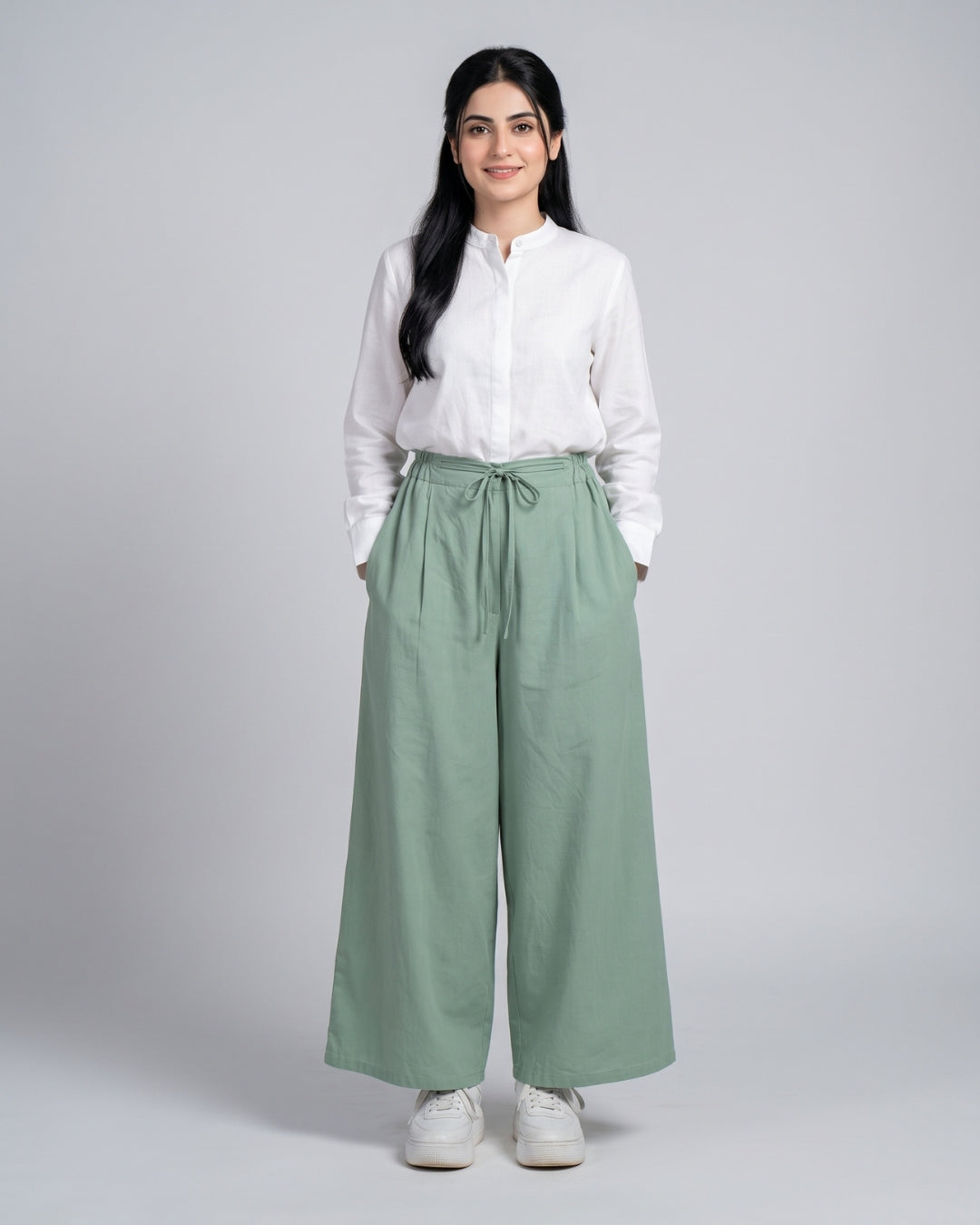 Sage Green Drawstring Wide-Leg Trousers