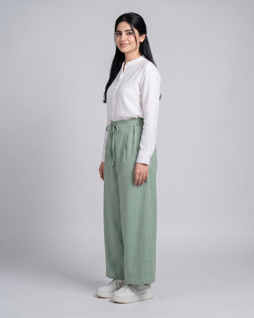 Sage Green Drawstring Wide-Leg Trousers