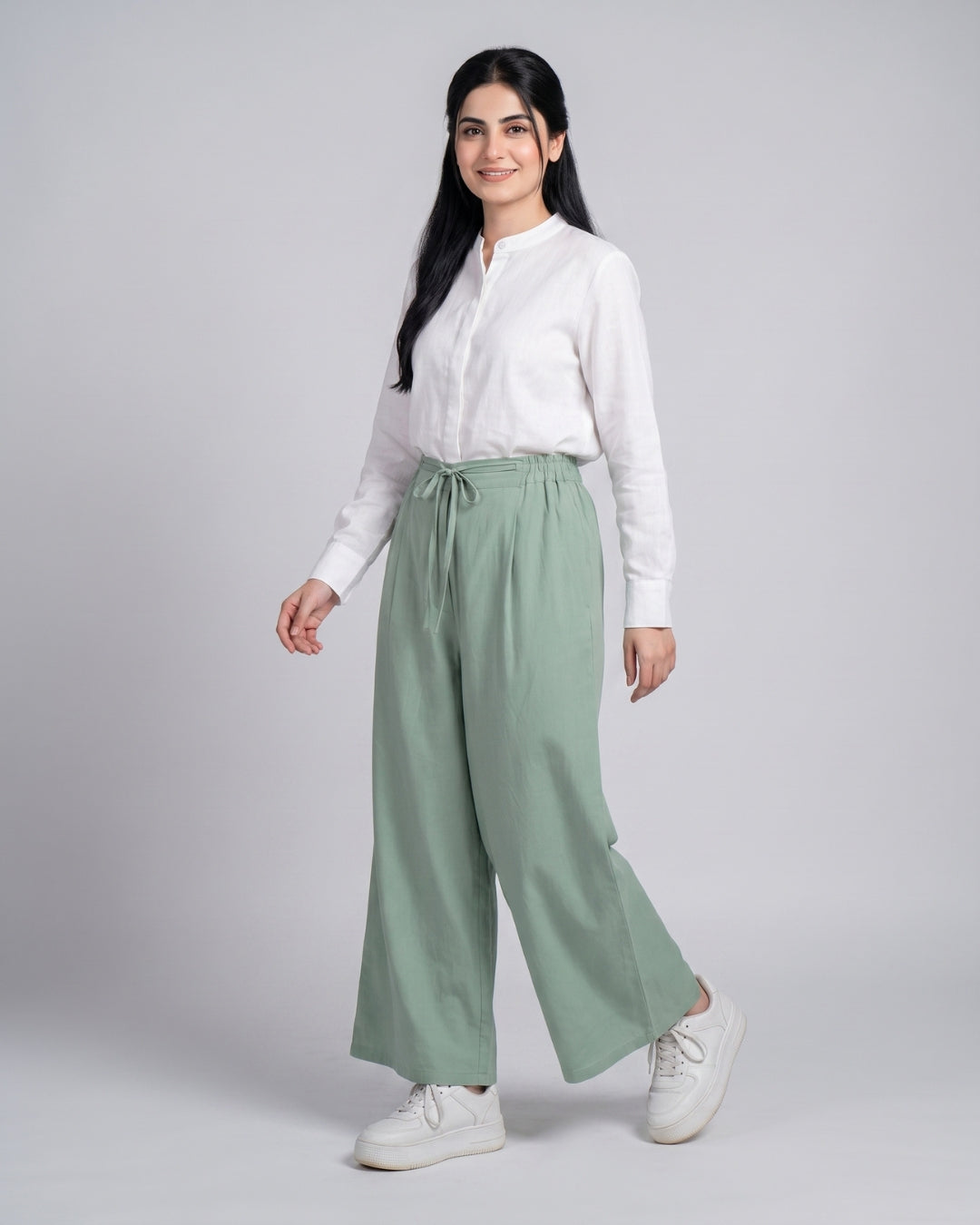 Sage Green Drawstring Wide-Leg Trousers
