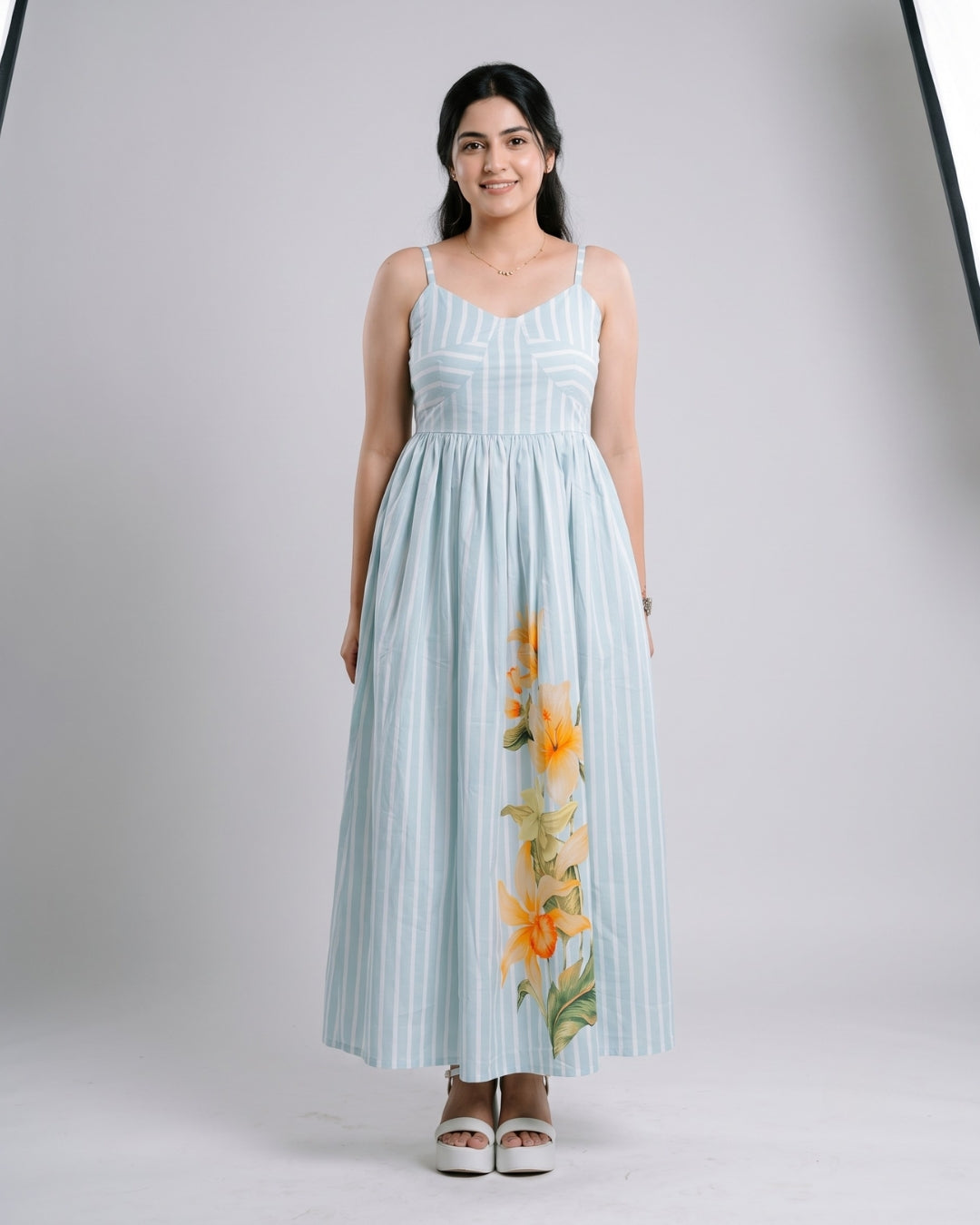 Striped Floral Accent Maxi Dress