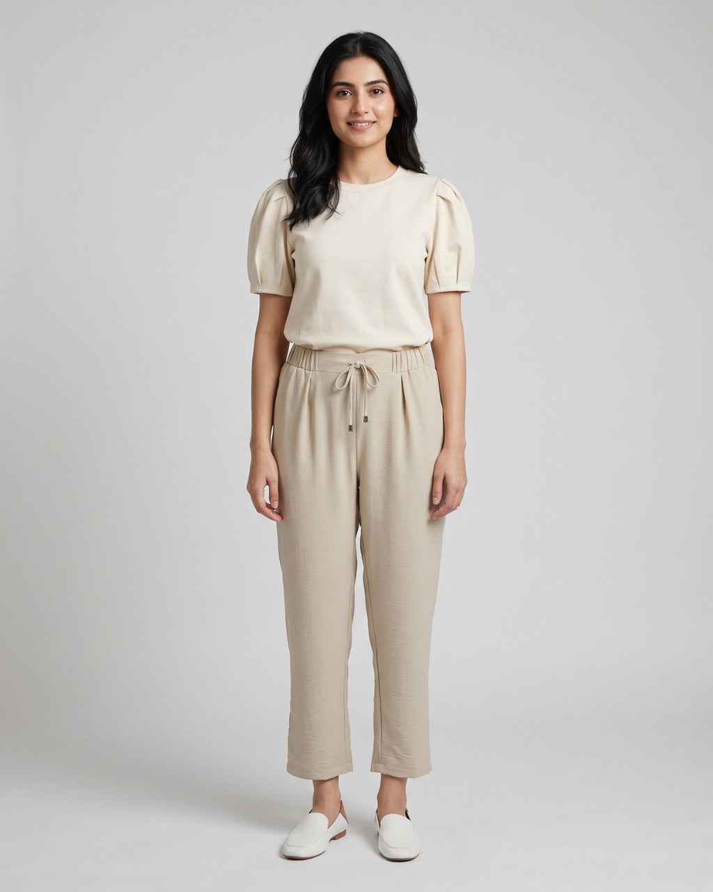 Beige Drawstring Tapered Trousers