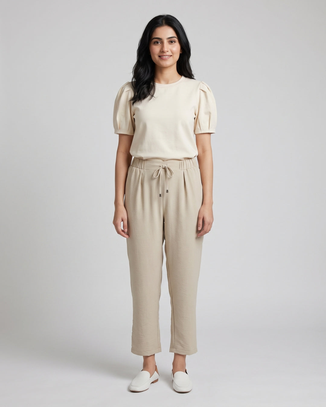 Beige Drawstring Tapered Trousers