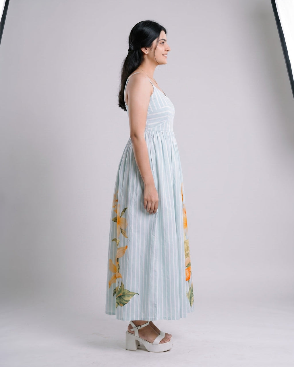 Striped Floral Accent Maxi Dress