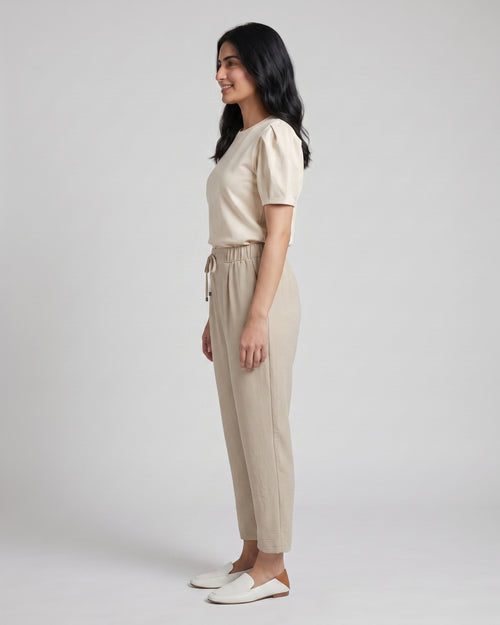 Beige Drawstring Tapered Trousers