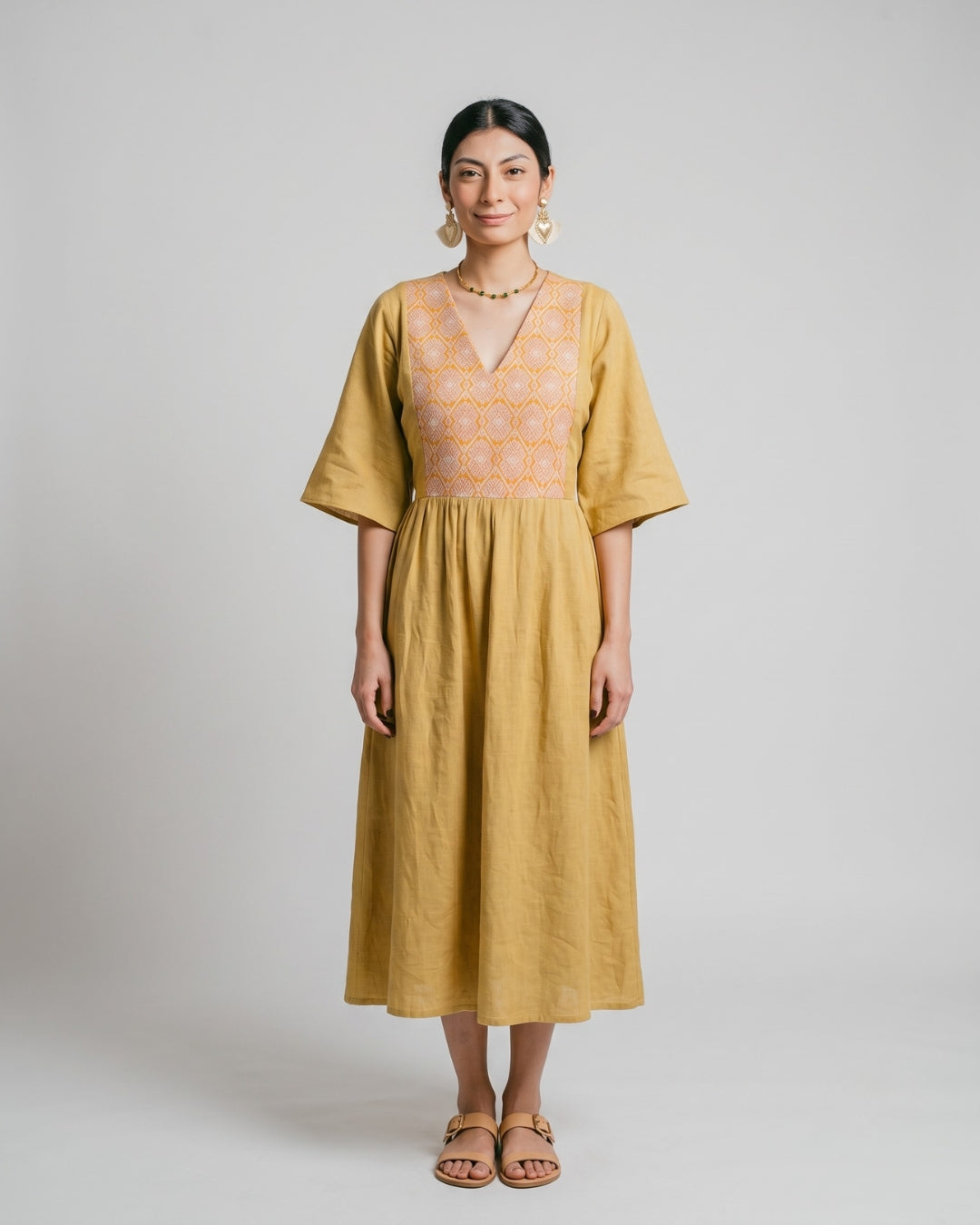 Ochre Bell-Sleeve Flowy Dress