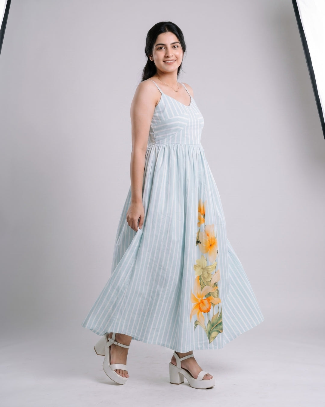 Striped Floral Accent Maxi Dress