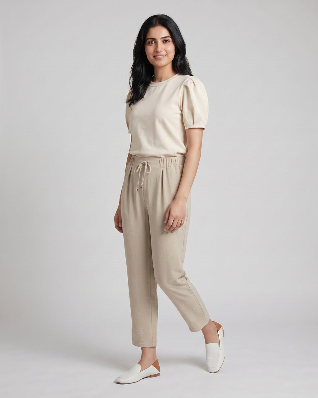 Beige Drawstring Tapered Trousers