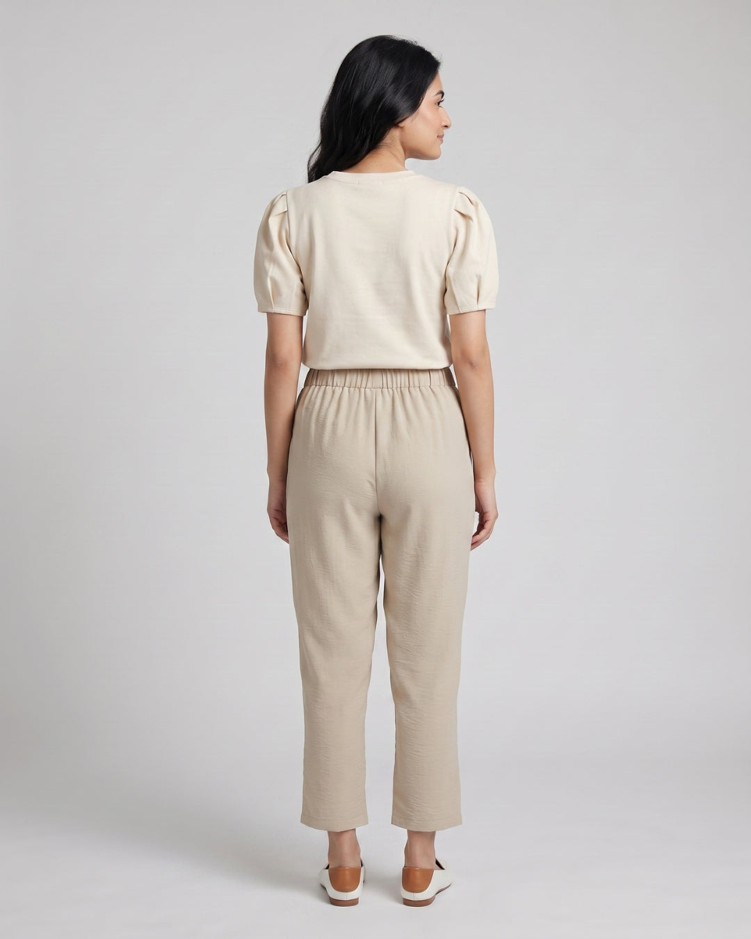 Beige Drawstring Tapered Trousers