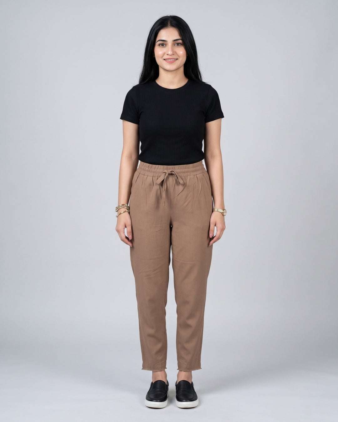 Taupe Drawstring Raw-Hem Trousers