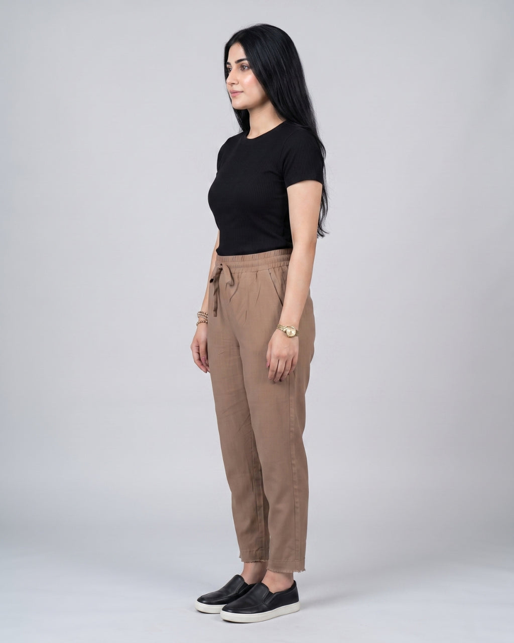 Taupe Drawstring Raw-Hem Trousers